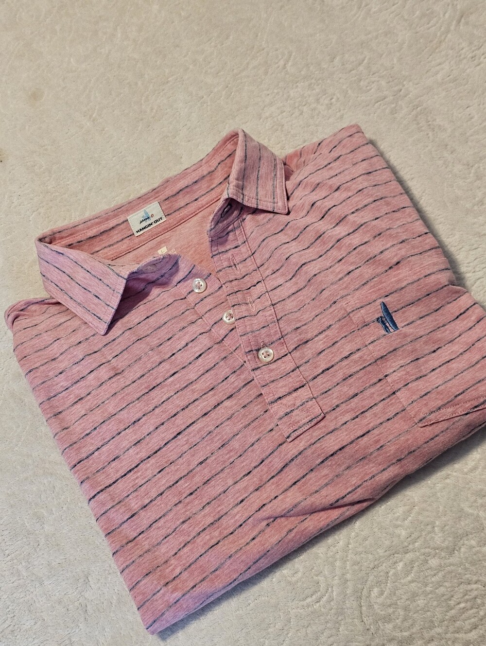 johnnie-O Neese Hangin' Out Polo Shirt Men's Large L Raspberry Pink Striped Euc